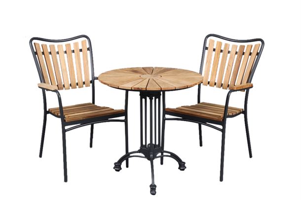 Teak ø 70 cm hagebord med 2 stoler, antrasittgrå aluminiumsramme