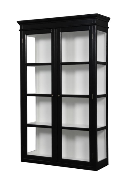 Vegghengt vitrineskap svart/hvitt H.170 x B 100 x D.38 cm.